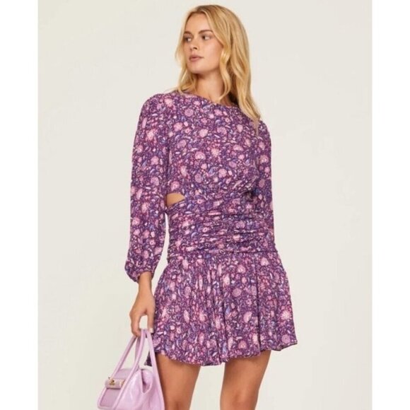 Maje Floral Mini Dress Size 38 UK 10 $445 Purple Georgette Smocked Cut Out Boho - Picture 4 of 16